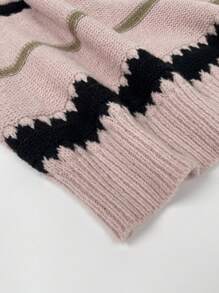 女士休闲条纹图案落肩宽松套头长袖毛衣上衣，灰粉色 - 彩色 - 查看 7