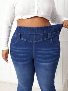 SHEIN CURVE+ Blue Plus Size Jeans Skinny Stretch Fleece Trousers Lined For Added Warmth - Dark Wash - View 3