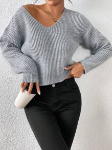 SHEIN PETITE Áo len nữ cổ chữ V rộng rãi thời trang đơn giản, mùa thu/đông - Màu Xám nhạt - Xem 6