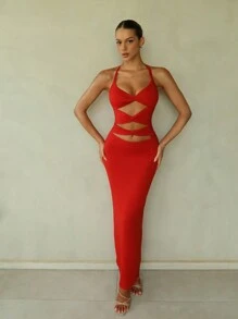 SHEIN BAE Women Sexy Halter Twist Hollow Out Form-Fitting Long Dress, Suitable For Going Out At Night, Halloween Party, Dates - Sexy Hollow Out, Cut Out