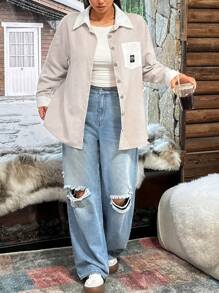 SHEIN EZwear 大码纯色拼布前扣长袖口袋灯芯绒夹克，秋冬 - 彩色 - 查看 7