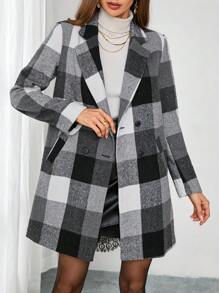 SHEIN Clasi Women's Classic Plaid Khaki Turndown Collar Button Decor Elegant Warmth Long Coat, Suitable For Autumn, Winter And Spring - Black - View 5