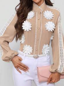 SHEIN Clasi 女式秋季花卉装饰长袖撞色蕾丝优雅衬衫 - 卡其色 - 查看 6