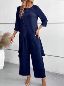 EMERY ROSE Women 2pcs Set - Solid Color Wrap Hem Casual 3/4 Sleeve Blouse & Elastic Waist Long Pants, Autumn