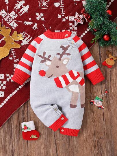 Baby Boys' Knitting Sweater Romper, Long Sleeve Crew Neck Jumpsuit, Comfortable & Warm For Autumn/Winter, Red & Gray Colorblock Striped Design, Stylish Reindeer For Christmas, Suitable For Festival, Daily, Indoor, Outdoor, Travel