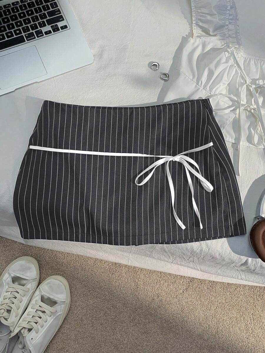 Comfortcana Short Leggings Attached Skirt With Tied Waist For Fall - Dark Grey - View 1