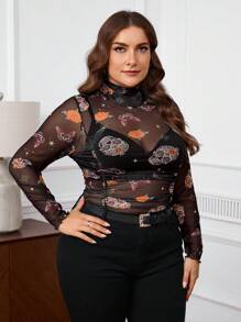 SHEIN Privé Plus Size Women Halloween Pattern Sheer Bodysuit - Multicolor - View 6