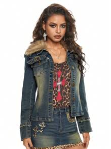 ROMWE Grunge Punk Y2K Vintage Distressed Wash Patchwork Fluffy Collar Denim Jacket - Blue - View 6
