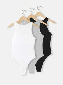 SHEIN BASICS Bộ 3 món đồ liền thân dệt kim không tay cổ tròn đơn giản màu trơn dành cho nữ - Xám - Xem 2