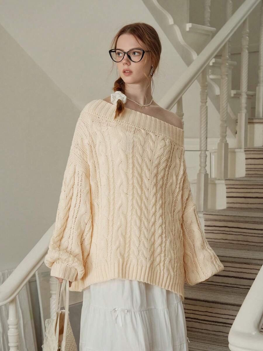 SHEIN MOD Áo len dệt kim cổ điển hở vai mùa đông màu trắng cho nữ, áo cướp biển, quần áo Hippie, áo nữ, váy len nữ - trắng - Xem 1