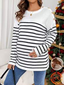 SHEIN Pregnant Women's Stripes Round Neck Drop Shoulder Long Sleeve Button Design Casual Sweater, Fall/Winter, For Maternity - Black and White - View 1