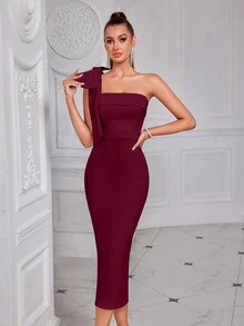Elisanya Asymmetrical Neck Solid Color Bowknot Decor Slit Backless Midi Cocktail Party Prom Dress, Elegant Semi Formal Dress - Burgundy - View 6