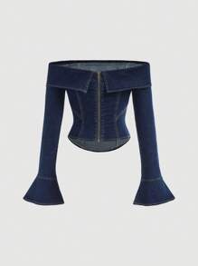 SHEIN 1pc Teen Girls Blue Denim Off Shoulder Split Hem Fitted Blouse