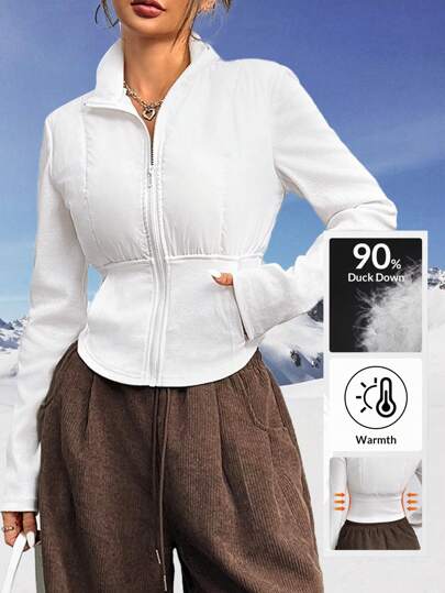 SHEIN EZwear Women's Fall/Winter Y2K Casual Cable-Knit Keep Warm Patchwork Fitted White Workout Jacket