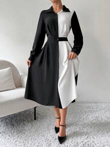 SHEIN Privé Abito lungo casual da donna a maniche lunghe con bottoni frontali e colori tinta unita