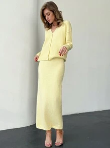 Firerie 2 件休闲优雅通勤女装：宽松纽扣开衫和高腰长裙针织毛衣，秋冬 - 黃色 - 查看 3