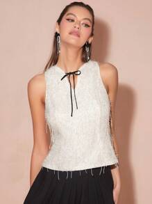 Enchnt 女士优雅纯色流苏系带领吊带背心 - 杏色 - 查看 5