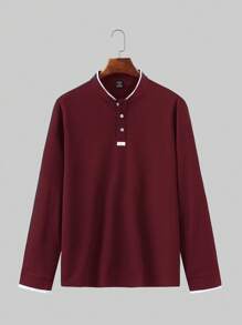 Manfinity Homme Men's Solid Color Patchwork Button Up Long Sleeve Casual Shirt - Burgundy - View 4