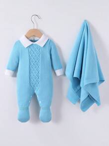 Baby Girl Stylish Cute Contrast Color Lapel Long Sleeve Jumpsuit Romper - Baby Blue - View 1