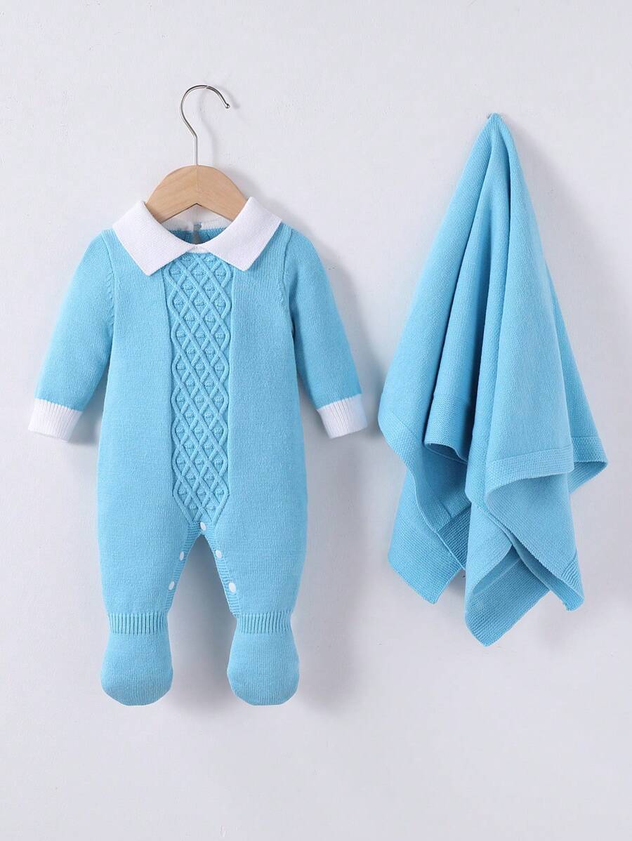Baby Girl Stylish Cute Contrast Color Lapel Long Sleeve Jumpsuit Romper - Baby Blue - View 1