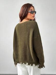 SHEIN PETITE 落肩破洞毛衣 - 軍綠色 - 查看 2