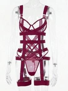 Women Sexy Cami Lingerie 4pcs/Set, With Underwire Lingerie, Thong, Leg Ring For Going Out - Red Violet - View 4