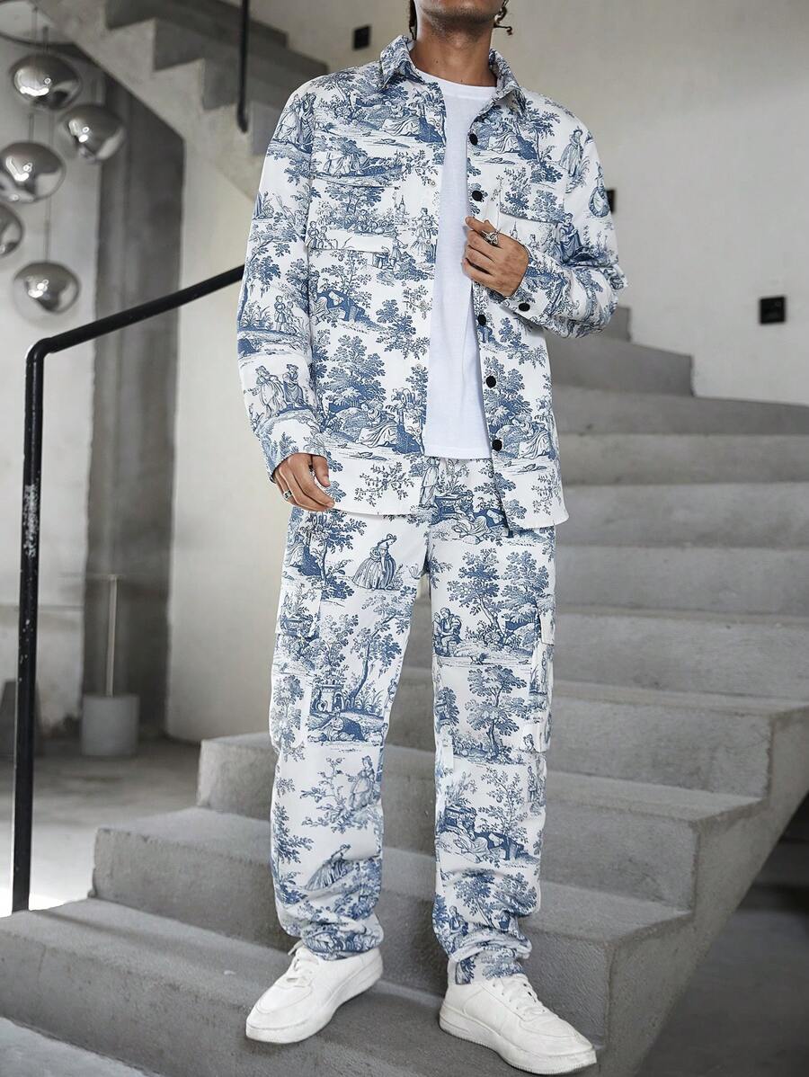 Manfinity EMRG Men 2pcs Set Plant Print Long Sleeve Buttoned Jacket And Pants, Casual Outfit For Autumn, Fall Clothes - Multicolor - View 1