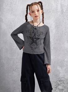 SHEIN Explorewe Goth Style Tween Girl Flare Sleeve Knit Fitted Long Sleeve T-Shirt - Grey - View 1