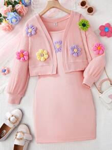 SHEIN Zweiteiler für Tween-Mädchen mit buntem 3D Blumendekoration Jacke und Blumen-Muster Slip Kleid, süßer Feiertags-Stil, Herbst/Winter - Verschiedenfarbig - Übersicht 1