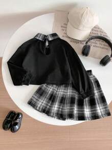 SHEIN Young Girl Plaid Collar Sweatshirt + Plaid Skirt 2pcs/Set For Spring And Autumn - Black - View 2