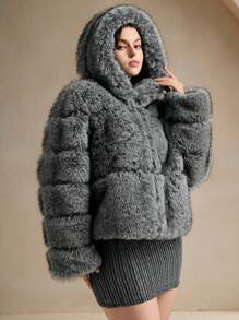 Anewsta Women Plus Size Elegant Modern Fluffy Hooded Short Jacket - Light Grey - View 5