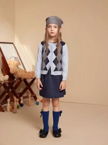 PrepCrw Young Girl Casual Diamond Pattern Button-Up Cardigan, Suitable For Autumn/Winter - Blue - View 6