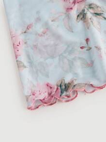 SHEIN MOD 方领蝴蝶结系带花卉印花不对称下摆喇叭袖 T 恤