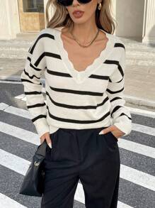 SHEIN Frenchy Black White Striped Pattern Scallop Trim Drop Shoulder Sweater,Long Sleeve Tops In Fall/Winter - Black and White - View 4