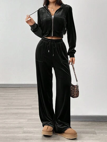 SHEIN EZwear 2pcs Velvet Long Sleeve Zipper Front Hooded Jacket And Pants Set, Casual Wear