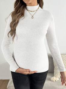 SHEIN Maternity Solid Color Stand Collar Long Sleeve Minimalist Sweater, Casual Everyday Wear, For Winter