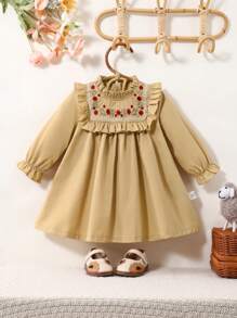 SHEIN 女童优雅经典高端花卉刺绣荷叶边领长袖休闲度假连衣裙，秋冬 - 卡其色 - 查看 1