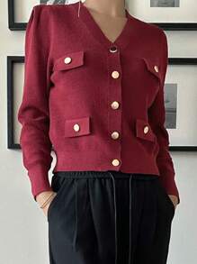 DAZY V-Neck Short Burgundy Cardigan For Christmas ,Holiday,Fall Clothes
