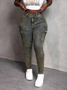 Slaydiva Jeans casuales skinny con bolsillos utilitarios para mujer - Mostaza Amarilla - Ver 3