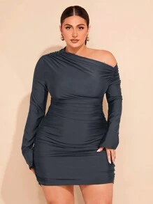 SHEIN BAE Plus Size Women's Asymmetric Off-Shoulder Long Sleeve Ruched Bodycon Mini Dress - Dark Grey - View 1