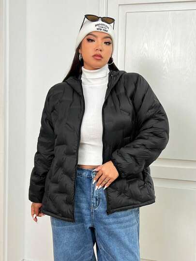 SHEIN EZwear Abrigo con capucha con cremallera, de plumón y plumas, para uso diario, de mujer talla grande, de invierno, informal