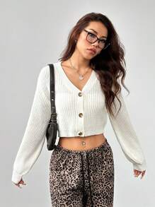 SHEIN PETITE White Lantern Sleeve Button Front Rib Knit Cardigan,Off The Shoulder Sweater In Fall/Winter - White - View 3