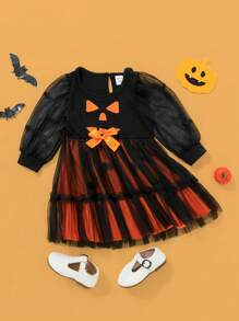SHEIN Baby Girl Halloween Print Mesh Overlay Bow Front Dress, For Halloween Party - Multicolor - View 3