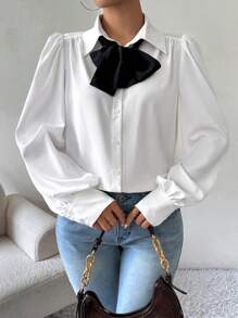 SHEIN Privé 女式撞色蝴蝶结泡泡袖衬衫 - 黑與白 - 查看 4