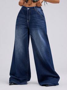 SHEIN EZwear 女式街头服饰 Y2K 复古图案刺绣水洗宽松牛仔裤 - 深色水洗藍 - 查看 4