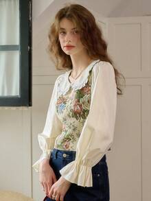 Simple Retro Women's Lace Jacquard Patchwork Crew Neck Blouse - Apricot - View 4