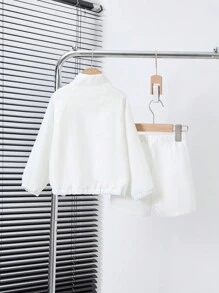 SHEIN 年輕男孩2入組休閒運動刺繡拉鍊外套和短褲夏季套裝 - 白色 - 查看 2