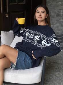 DAZY 女式拼色提花针织宽松长袖圆领毛衣，秋季女装 - 藏蓝色 - 查看 8