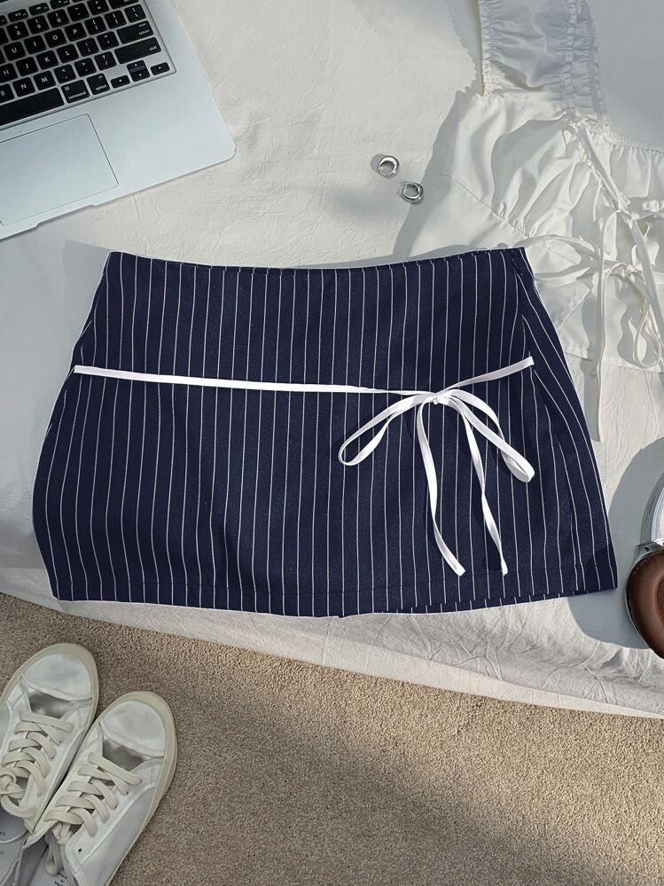 Comfortcana Short Leggings Attached Skirt With Tied Waist For Fall - Navy Blue - View 1