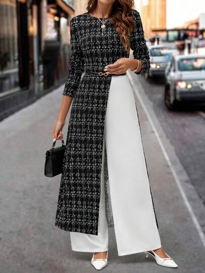 Editum 优雅女士冬季粗花格纹阔腿连体裤